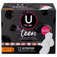 U by Kotex Teen Ultra Thin Unscented Overnight Feminine Pads with Wings, 12 Each