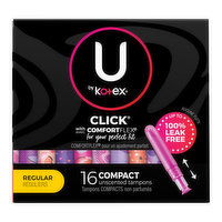 U by Kotex Click Compact Regular Unscented Tampons, 16 Each