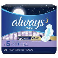 Always Maxi Pads, Size 5 Extra, Heavy Overnight Absorbency, Unscented with Wings, 20 Each