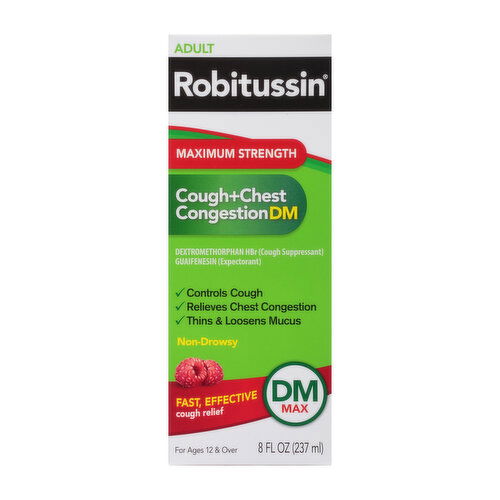 Robitussin Adult Max Strength Cough + Chest Congestion DM Max, Non-Drowsy, Raspberry Flavor