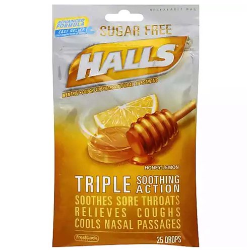 Halls Sugar Free Suppressant Drops, Honey-Lemon