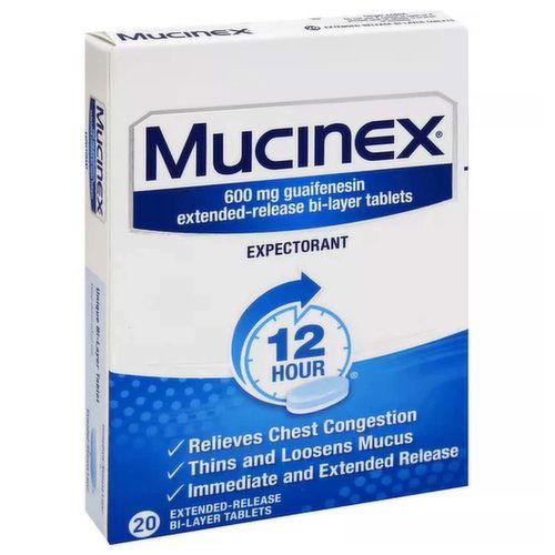 Mucinex Expectorant, 600 Mg, 12 Hour, Extended-Release Bi-Layer Tablets