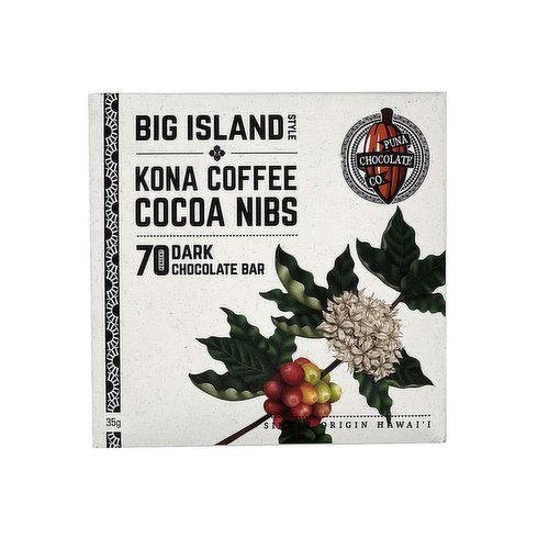 Puna Chocolate, Big Island Style Kona Coffee Cocoa Nibs, 70% Dark Chocolate Bar